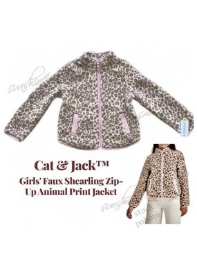 CAT & JACK Faux Shearling Zip-Up Beige/Brown/Pink Animal Print Jacket (10-12) L